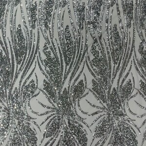 SHINY GLITTER SEQUIN DAMASK DESIGN EMBROIDERY ON A 4 WAY STRETCH MESH-BY 1 YARD (By the Yard GLITTER SEQUIN SILVER/GLITTER SEQUINS)