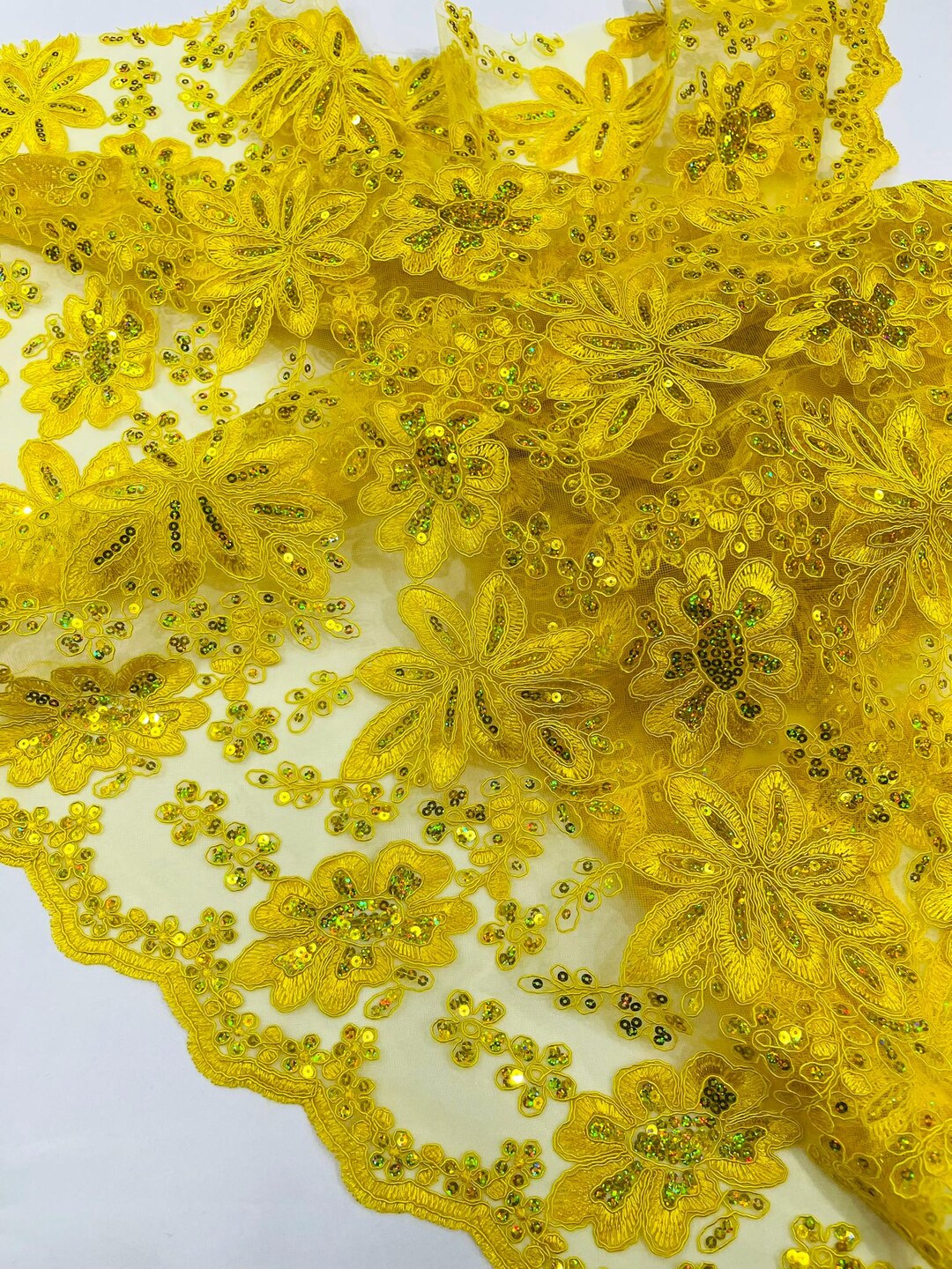 Yellow Ruffle Pattern Lace Yellow Metallic Floral Lace Design Embroidered With Holographic Sequins ...