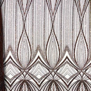 May include: A white fabric featuring a repeating geometric pattern composed of dark brown, shimmering beaded lines. The design consists of vertical stripes, pointed leaf-like shapes, and diamond motifs, all intricately outlined with dense beadwork.