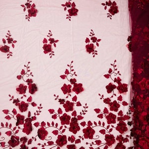 Orquidia 3d floral design embroider with pearls in a mesh lace fabric-dresses-fashion-decorations-prom-sold by the yard. BURGUNDY