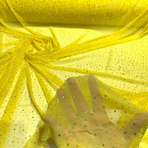 Yellow - Sheer All Over AB Rhinestones On Stretch Power Mesh Fabric, Sold by The Yard.