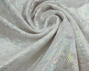Illusion foil Snake design on a stretch velvet fabric-Sold by the yard - White Iridescent