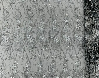 3d Luxury satin flower glitter sequin fabric/prom fabric/wedding lace/costume/apparel - Silver on black