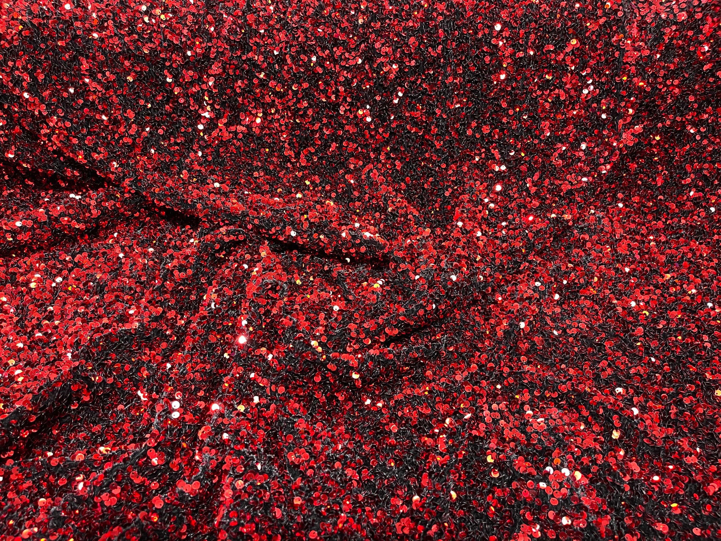 Red Shiny 5mm Sequin Black Stretch Velvet Fabric-prom