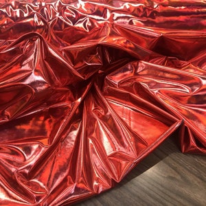 Red - VIP TEXTILE INC, Reflective Hologram Vinyl Faux Leather 4 Way Stretch Dance Wear Spandex Fabric By Th Yard
