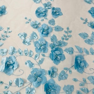 Orquidia 3d floral design embroider with pearls in a mesh lace fabric-dresses-fashion-decorations-prom-sold by the yard. LIGHT BLUE