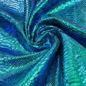 Illusion foil Snake design on a stretch velvet fabric-Sold by the yard - Green Mermaid Iridescent