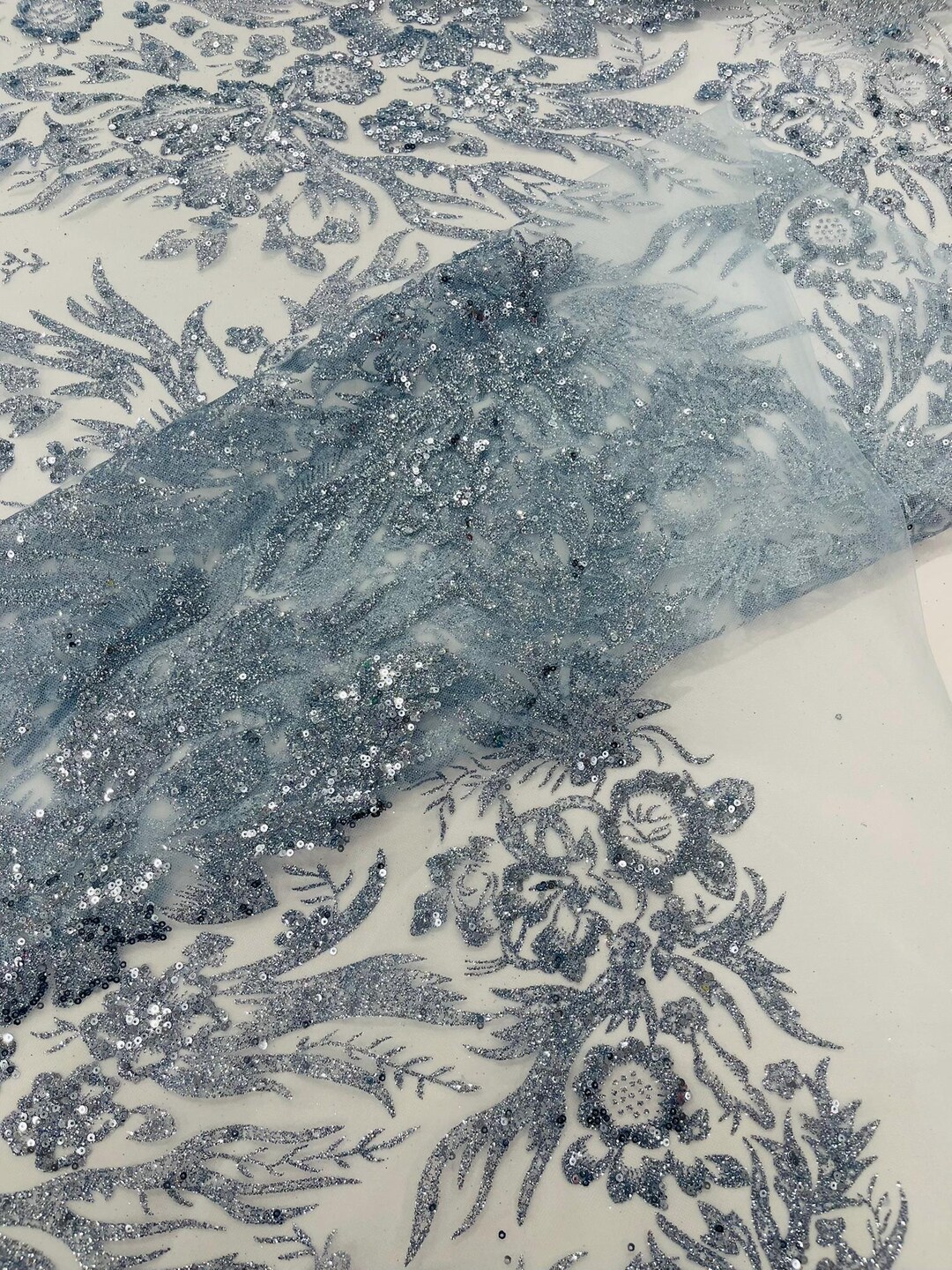 Light Blue Big Glitter Damask Design on A Mesh Lace Fabric/prom/sold by ...