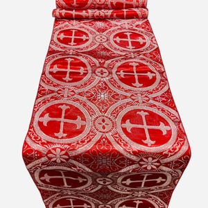 Religious Brocade Runner Tablecloth | Liturgical Fabric | Runner Ecclesiastical Jacquard | Church | Vestment-Cross Brocade. - Red/Silver