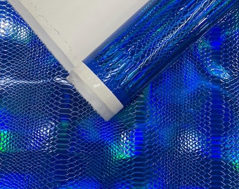 Tessuto in PVC goffrato olografico blu Royal Viper / vinile effetto serpente per rivestimenti, accessori artigianali, applicazioni, effetto serpente iridescente.