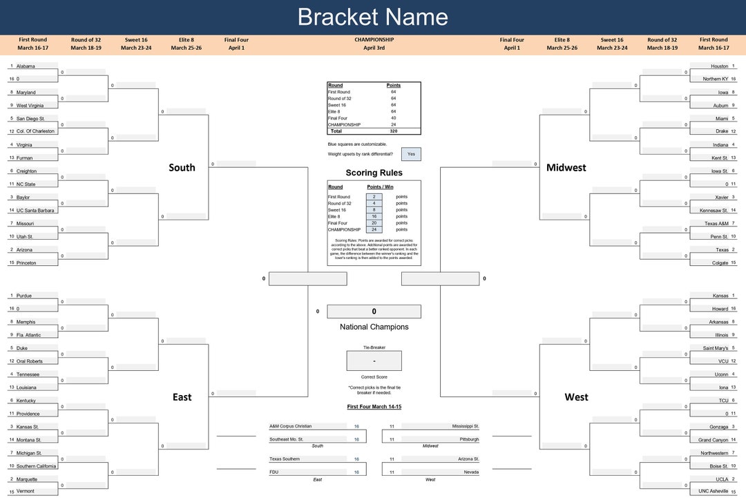 March Madness Bracket Self Scoring for Group Pools Etsy