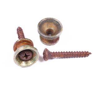 May include: Close-up of three rusty metal screws and fasteners against a white background. The screws and fasteners have a weathered appearance, with visible rust and discoloration. The fasteners have a circular head with a cross-shaped indentation.