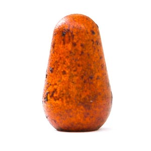May include: A single, elongated, teardrop-shaped object with a textured surface. The object is primarily orange with dark brown spots and a smooth, rounded top. The item is set against a plain white background.
