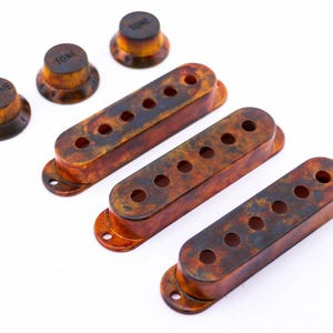 Könnte beinhalten: Drei Gitarren-Tonabnehmerabdeckungen in Schildpatt-Optik und drei Knöpfe mit den Beschriftungen "Volume", "Tone" und "Tone".