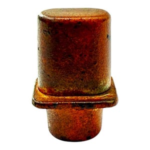 May include: A cylindrical bottle stopper with a square base and a rounded top. The stopper has a textured, reddish-brown appearance, suggesting a natural material like wood or cork. The design is simple and functional.