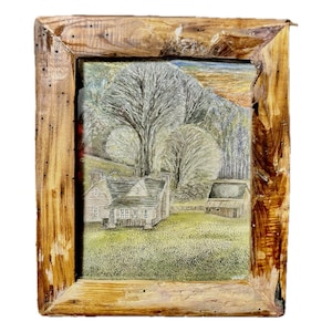 May include: A framed painting depicting a rural landscape with a farmhouse and a barn in the foreground. The trees are drawn in a detailed, almost stippled style, and the sky is a soft blue with hints of orange and yellow. The frame is made of rustic wood with a weathered finish.