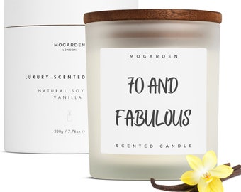 70th Birthday Gift for Women, 70th Gift for Men, Luxury Scented Vanilla Candle 220g, 70th Birthday Candle for Her or Him