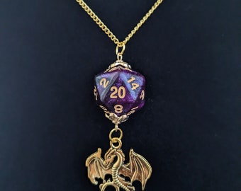 D20 Dice Gold Plated Necklace | D&D Galaxy Die Pendant Necklace | Dungeons and Dragons Necklace | Gold Chain Necklace