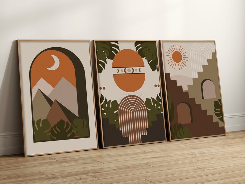 Boho Style Mid Century Art Prints Set of 3 Neutral Modern - Etsy