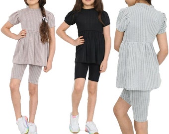 Girls Short Puff Sleeve Pleated Tops and Shorts Set Co-ord 2Pcs Suit Kids Loungewear Summer Tracksuit