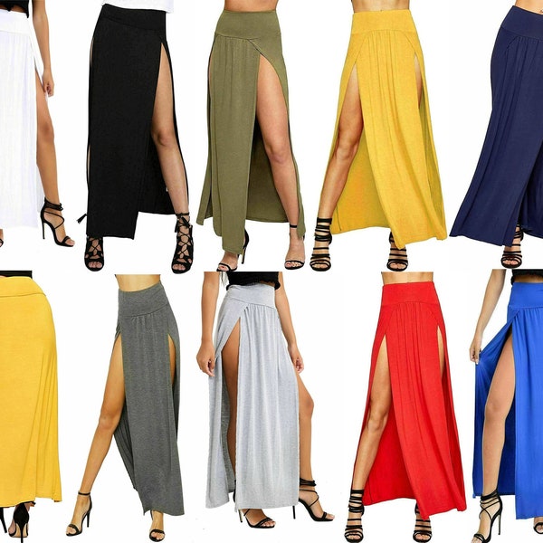 Womens Side Double Split Maxi Skirt Ladies Stretchy Plain Elastic Waist Side Slit Maxi Skirt Beach Party Hight Waist Skirt