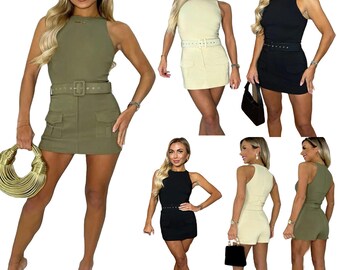 Womens Back Zip Belted Skort Playsuit Ladies Sleeveless Round Neck Shorts Jumpsuit