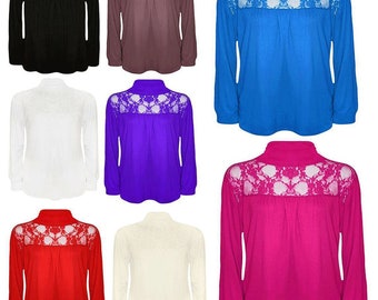 Ladies Long Sleeve Polo High Neck Floral Lace Top Womens Turtle Neck Party Wear Blouse Jumper