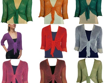 Womens Knitted Tie Up Bolero Shrug Knit Crop Shrug Ladies 3/4 Sleeve Open Front Cropped Cardigan