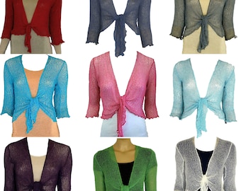 Womens Plain Knitted Tie Up Shrug Ladies 3/4 Sleeve Open Front Bolero Shrug Cropped Cardigan