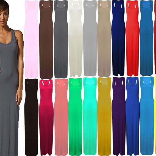 Womens Sleeveless Plain Stretchy Racer Back Maxi Dress Ladies Plus Size Scoop Neck Maxi Dress