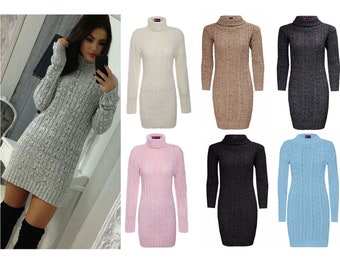 Ladies Polo Roll Neck Cable Knitted Bodycon Jumper Womens Turtle Neck Knitted Pullover Long Sweater Dress