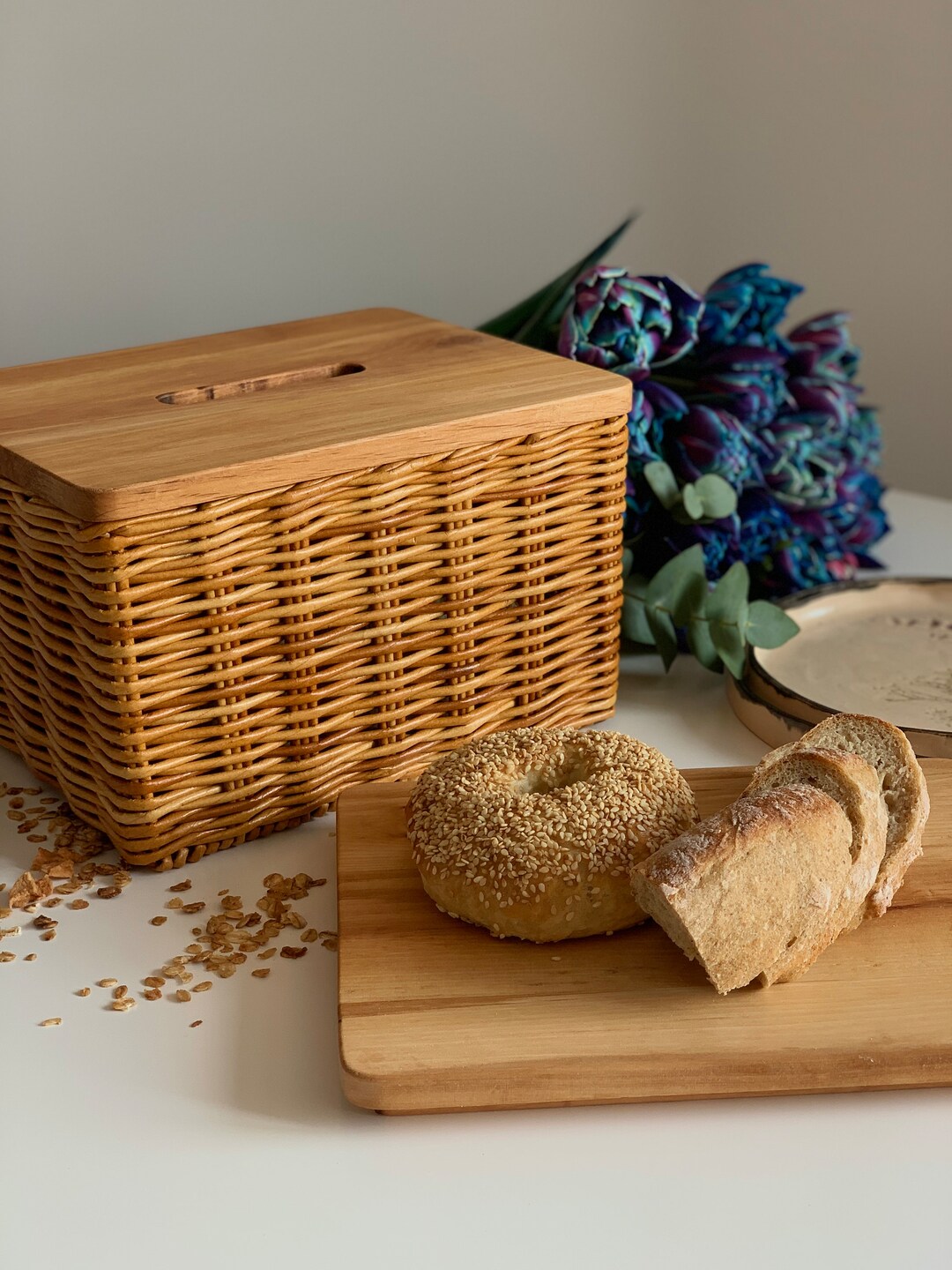 Wicker Bread Box With Wooden Lid Etsy