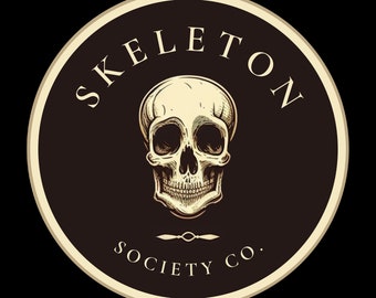 May include: A black and white logo featuring a skull and crossbones. The text "Skeleton Society Co." is arranged in a circle around the skull.