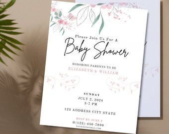 May include: A white baby shower invitation with pink floral illustrations. The text reads "Please Join Us For A Baby Shower Honoring Parents To Be Elizabeth & William Sunday July 2, 2024 3-7 PM 123 Address City State RSVP By June 2 @(123)-456-7890 YOURINFO@GMAIL.COM"