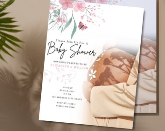 May include: A baby shower invitation with a floral design and a photo of a pregnant woman. The invitation includes the text "Please Join Us For A Baby Shower", "Honoring Parents To Be Elizabeth & William", "Sunday July 2, 2024 3-2 PM", "123 Address City State", "RSVP by June 2 @(123)-456-7890".