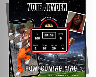 May include: A flyer template with the text "VOTE JAYDEN" and "HOMECOMING KING". It features a photo of a person in a letterman jacket and orange pants, a football, and a scoreboard graphic. The flyer is designed with a starry background.