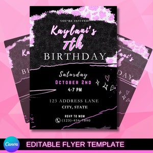 Birthday Flyer, Kids Birthday Party Flyer, Birthday Invitation, Digital Flyer, Pink and Black Flyer