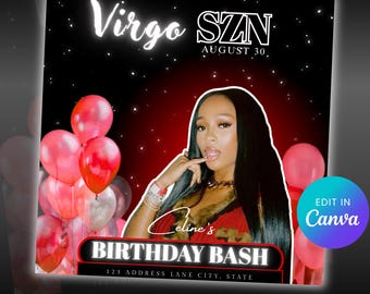 Editable Virgo Birthday Party Flyer: Canva Template, Girls Night, DJ Event (Digital Download)