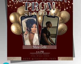 May include: A red and gold flyer with the text "Keilani & Jayden's PROM SENDOFF" in black. The flyer includes two photos of the couple, a date, time, and location. The flyer is decorated with gold balloons.