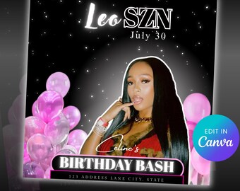 Editable Leo Birthday Party Flyer: Canva Template (Digital Download 14x14cm Square Invitation)