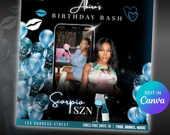 Editable Birthday Party Flyer: DJ Event, Club Invite (Canva Template Digital Download)