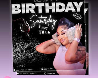 Könnte beinhalten: Schwarz-weißer Geburtstagsflyer mit einer Frau, die Geldstapel hält. Der Flyer lautet "Happy Birthday" und "Samstag, 10. Mai". Er enthält auch eine Telefonnummer und eine Adresse.