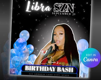 Libra Birthday Party Flyer: Editable Zodiac Canva Template (Digital Download)