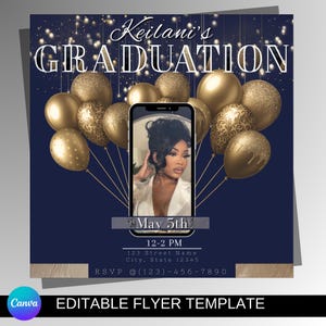 Blue and Gold Graduation Flyer, Class Of 2025, Digital Graduation Invite, Canva Digital Download, High School Grad, College Graduation,
