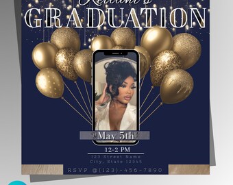 May include: A blue and gold graduation party invitation with a photo of a woman in a white dress. The invitation includes the text "Keilani's Graduation", "May 5th", "12-2 PM", "123 Street Name", "City, State 12345", and "RSVP @(123)-456-7890".