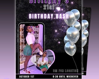 Könnte beinhalten: Ein schwarzer und lilafarbener Geburtstagsflyer mit einem Foto einer Frau in einem weißen Shirt und grünen Shorts. Der Flyer lautet "Brittany's 21st Birthday Bash" und enthält das Datum "October 1st" und die Uhrzeit "8:30 until whenever".