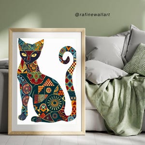 Boho-Katzenmotiv, Patchwork-Poster im Katzen-Volkskunst-Stil, eklektische Wohndekoration