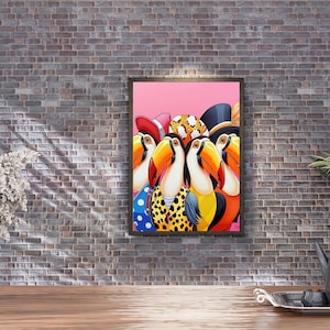 May include: A framed wall art print featuring four toucans with large orange beaks, wearing colorful hats and patterned clothing against a solid pink background. The toucans are depicted in a group, showcasing vibrant polka dot and leopard print outfits.