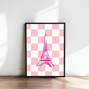 Pink Eiffel Tower Wall Art Printable – Paris Aesthetic Poster | Coquette Gingham Girl Decor | Parisian Chic Digital Print | Cottagecore Art