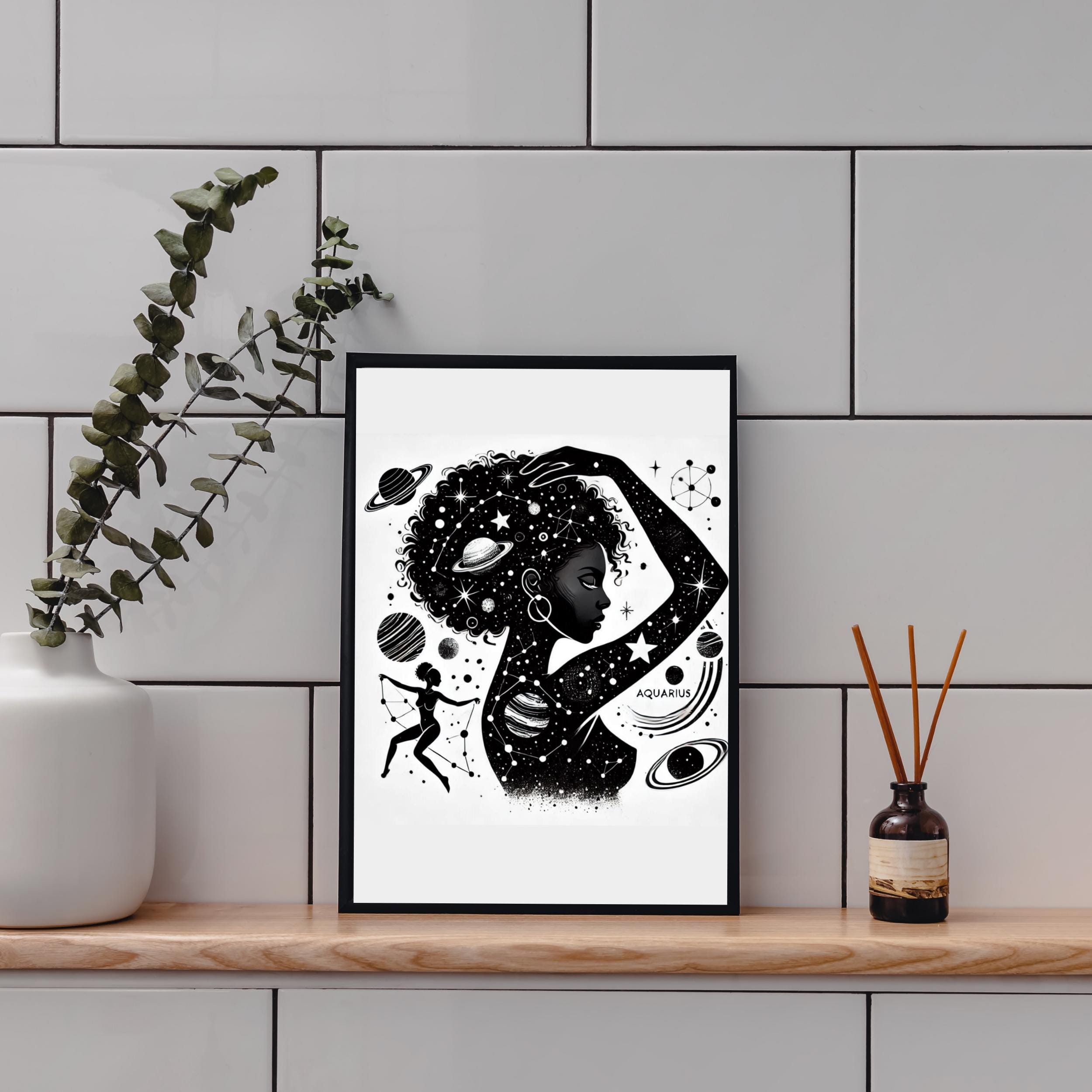 Aquarius Zodiac Art: Celestial Afro Goddess Print (digital